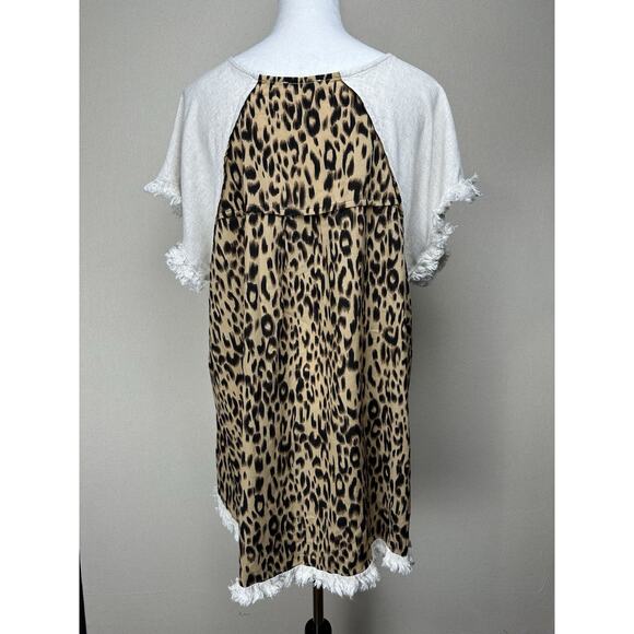 Umgee USA Women's Sz 2XL Tunic Top Tan Front Animal Print Back Boho Fringe Trim - Picture 7 of 14